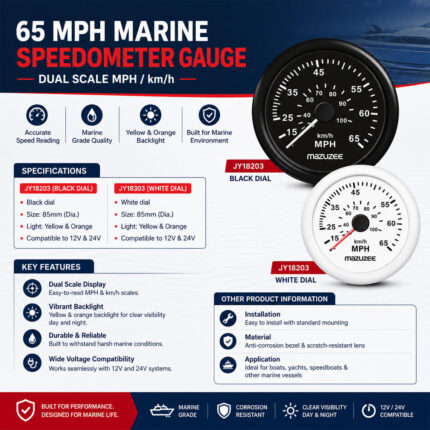 The Mazuzee 65 MPH Marine Speedometer Gauge White Bezel Specification & Installation guide provides detailed product specifications, wiring diagrams, and installation instructions for accurate boat speed monitoring. Featuring a dual-scale MPH and KM/H display, this boat speedometer ensures reliable setup and dependable performance. Designed for marine applications, this speedometer gauge serves as a durable marine speedometer and speedometer for boat use in recreational and commercial vessels.
