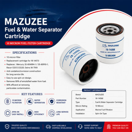 MAZUZEE Fuel & Water Separator Cartridge | 10 Micron Fuel Filter Cartridge Specification & Installation shows the product specifications, dimensions, compatibility, and installation instructions for marine fuel systems.