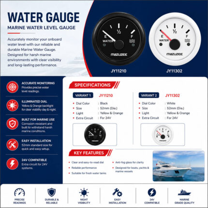 MAZUZEE Water Gauge – Marine Water Level Gauge specification and installation guide with wiring diagram, dimensions, and mounting details.