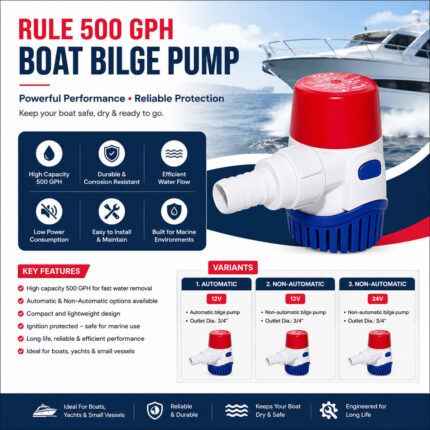 Rule 500 GPH boat bilge pump specifications and installation guide for marine bilge water removal