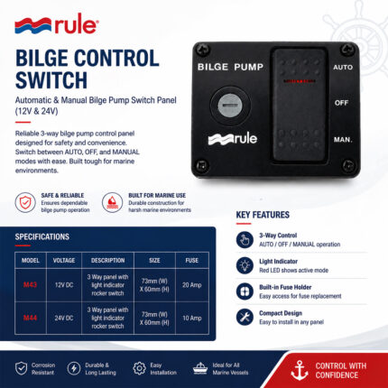 Rule bilge control switch automatic and manual bilge pump switch panel 12V and 24V specifications and installation guide