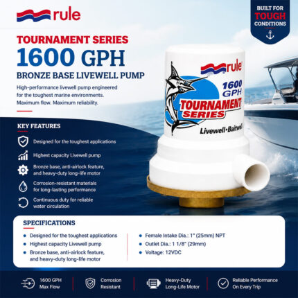 RULE Tournament Series Bronze Base 1600 GPH Livewell Pump Specification and Installation Guide