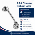 AAA Chrome Cabin Hook specification and installation guide for boat cabin doors, windows and hatches