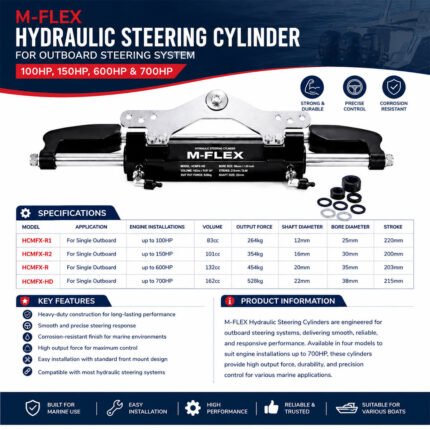 M-FLEX Hydraulic Steering Cylinder for Outboard Steering System – 100HP, 150HP, 600HP & 700HP specifications and installation guide with cylinder dimensions, mounting details, technical specifications, and installation instructions.
