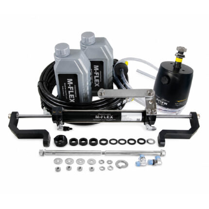 M-FLEX Hydraulic Steering Kit 100HP – Boat Outboard Hydraulic Steering System with front-mount helm pump, hydraulic steering cylinder, hoses, hydraulic oil, and installation accessories for single outboard engines.