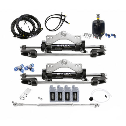 M-FLEX Hydraulic Steering Kit 600HP – Dual Engine Hydraulic Steering System With Dual Cylinder with front-mount helm pump, dual hydraulic cylinders, hydraulic hoses, hydraulic oil, tie bar, and installation accessories for twin outboard engines.
