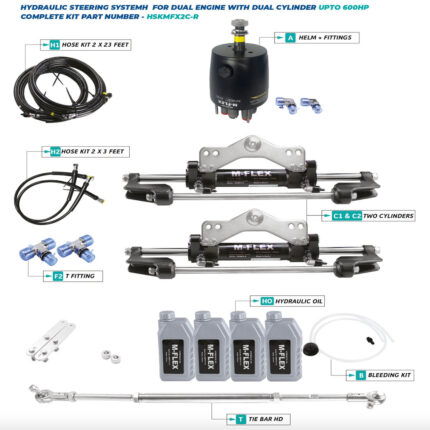 M-FLEX Hydraulic Steering Kit 600HP – Dual Engine Hydraulic Steering System With Dual Cylinder components including front-mount helm pump, dual hydraulic cylinders, hydraulic hoses, tie bar, hydraulic oil, fittings, and installation accessories.