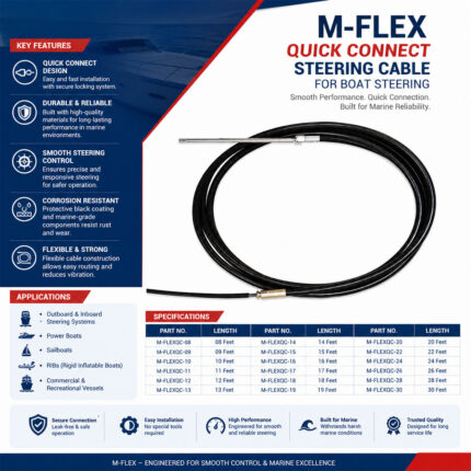M-FLEX Quick Connect Steering Cable for Boat Steering specification and installation guide, marine steering cable for outboard boat steering systems