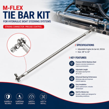 M-FLEX Tie Bar Kit for Hydraulic Boat Steering Systems specification and installation guide, adjustable SS316 outboard tie bar kit