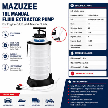 MAZUZEE 18L manual fluid extractor pump specifications and installation guide for engine oil, fuel and marine fluids