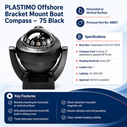 PLASTIMO Offshore Bracket Mount Boat Compass 75 Black specification and installation guide for powerboats