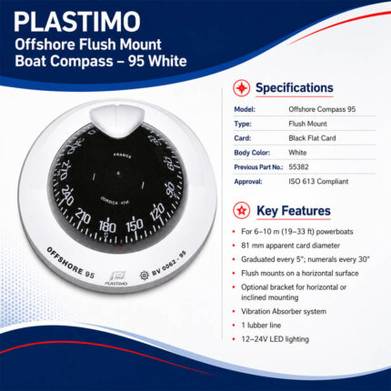 Plastimo Offshore Flush Mount Boat Compass 95 White specifications and installation dimensions