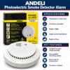 ANDELI Photoelectric Smoke Detector Alarm 9V Battery Operated specifications and key features infographic