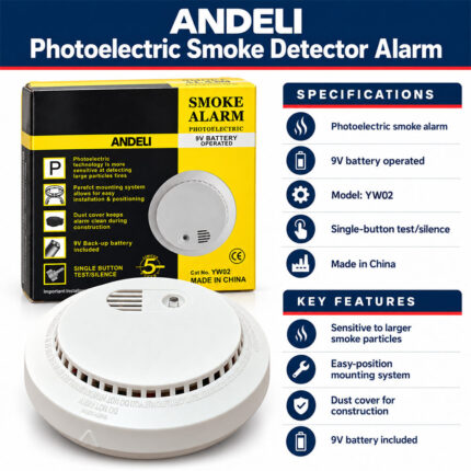 ANDELI Photoelectric Smoke Detector Alarm 9V Battery Operated specifications and key features infographic