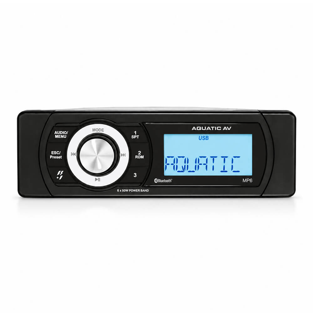 Aquatic AV MP6 shallow-mount waterproof marine stereo Product image of the Aquatic AV MP6 Waterproof Marine Stereo – Shallow Mount, a marine head unit for boat audio systems.