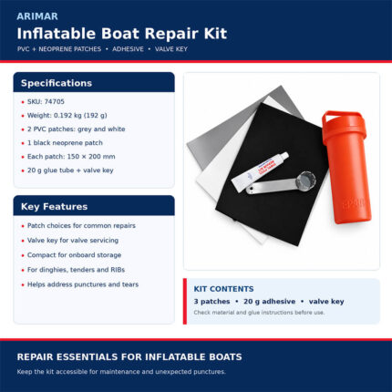 ARIMAR Inflatable Boat Repair Kit specifications and key features, including patches, adhesive and valve key