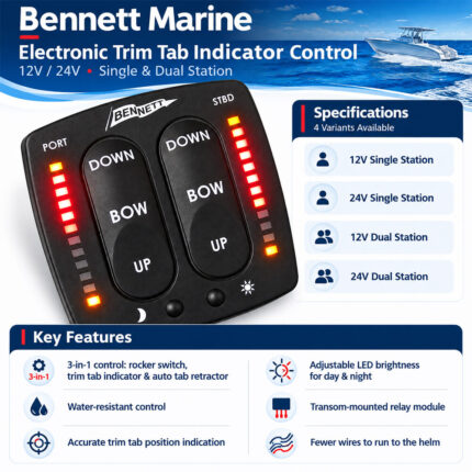 Bennett Electronic Trim Tab Indicator Control – 12V/24V, Single & Dual Station specifications and key features