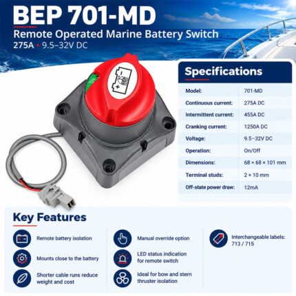 BEP 701-MD Remote Operated Marine Battery Switch – 275A, 9.5–32V specifications and key features