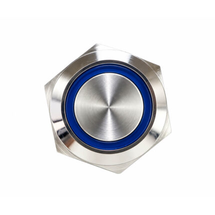 IP65 Push Button Switch On/Off Self-Locking 5A front view showing the compact 19 mm push button design and blue LED illumination. Suitable for 12V and 24V marine and electrical control applications.