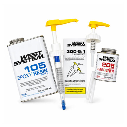 WEST SYSTEM 105-A Epoxy Resin Kit With 205-A Fast Hardener & 300 Mini Pumps, showing the resin, hardener and metering pumps